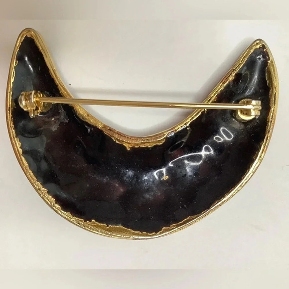 VINTAGE Half Moon Cloisonné Statement Brooch - Picture 5 of 10